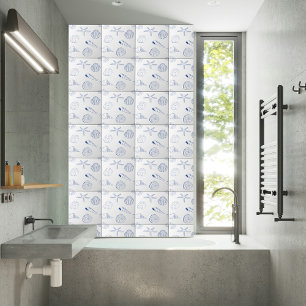 Blue White Mand Drawn Sea Shels Beach Summer