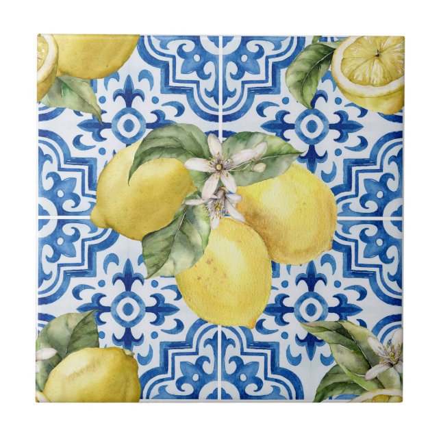 Blue White Mediterranean Lemon Pattern (Frente)