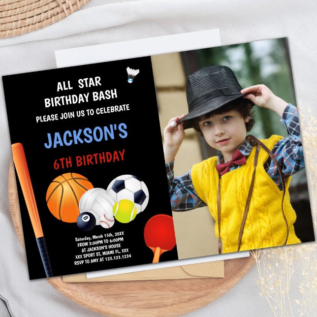 Blue White Sports Birthday Convites com foto (Blue White Sports Birthday Invitations with photo)