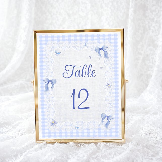 Blue Wildflower Floral  Bow Gingham Table Number (Criador carregado)