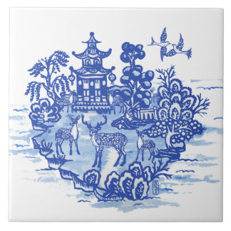 Blue Willow Deer Herd Antique Pagoda Phoenix