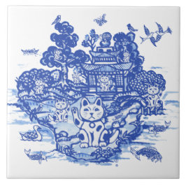 Blue Willow Lucky Cat Chinoiserie Art