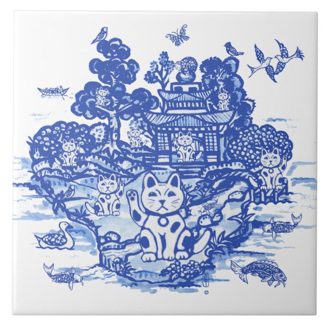 Blue Willow Lucky Cat Chinoiserie Art (Frente)