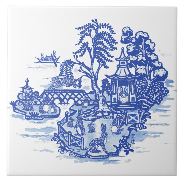 Blue Willow Rabbit Island Antiquado Fantasy Art (Frente)