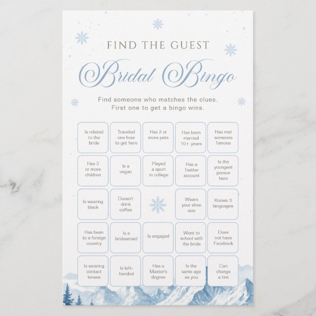 Blue Winter Bridal Shower Bingo Game (Frente)