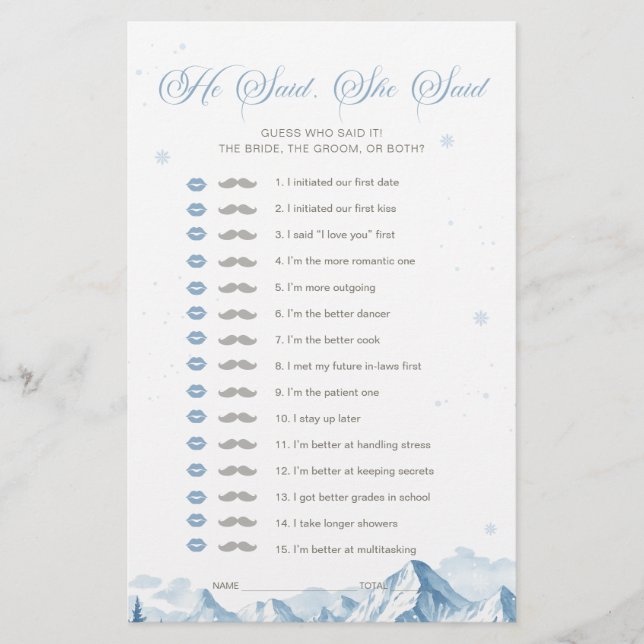 Blue Winter Bridal Shower He Said She Said Game (Frente)