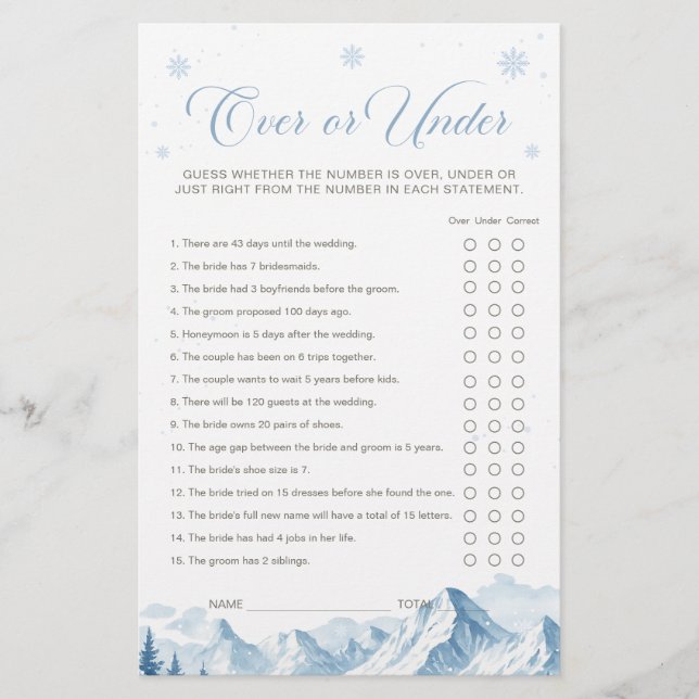Blue Winter Bridal Shower Over or Under Game (Frente)
