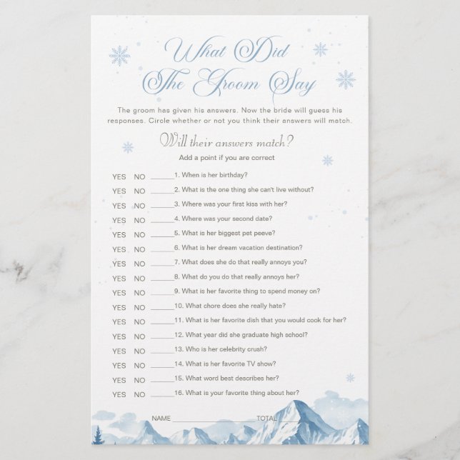 Blue Winter Bridal Shower What Did the Groom Say  (Frente)