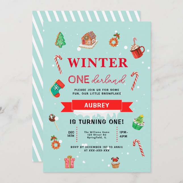 Blue Winter Onederland Primeiro Convite de Anivers (Frente/Verso)