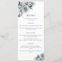 Blue Winter Watercolor Flowers Menu Weding