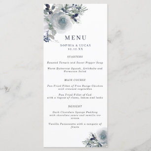 Blue Winter Watercolor Flowers Menu Weding