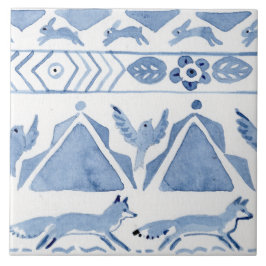 Blue Woodland Animal Ikat Pattern Fox Versão 2