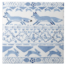 Blue Woodland Animal Ikat Pattern Fox Versão 3
