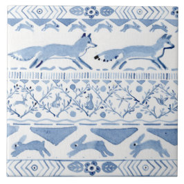 Blue Woodland Animal Ikat Pattern Fox Versão 3