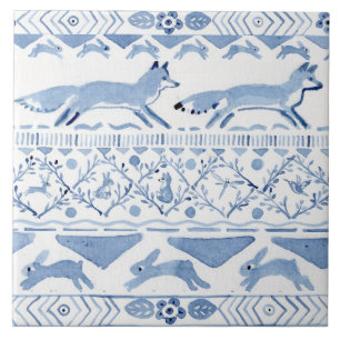 Blue Woodland Animal Ikat Pattern Fox Versão 3