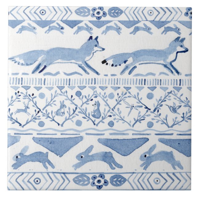 Blue Woodland Animal Ikat Pattern Fox Versão 3 (Frente)
