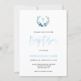 Blue Wreath Floral Boy Baptism convite
