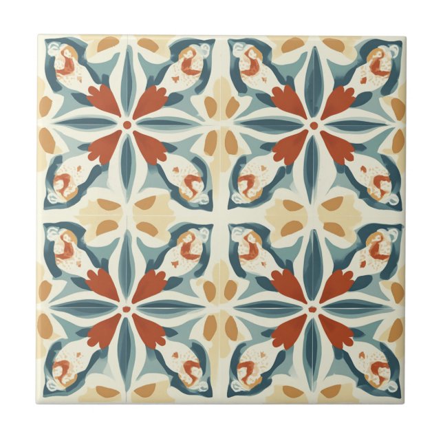 Blue Yellow and Rust Pattern Ceramic Tile (Frente)