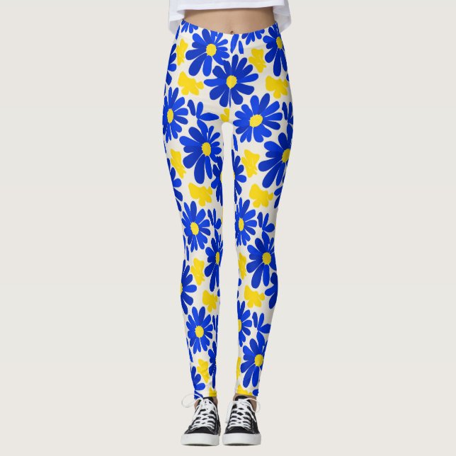 Blue & Yellow Retro Daisy Print Leggings (Frente)