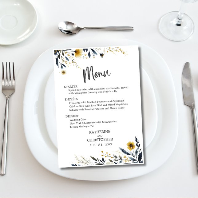 Blue Yellow Watercolor Wildflower Menu Casamento (Blue Yellow Watercolor Wildflowers Elegant Menu with Menu Choices.)