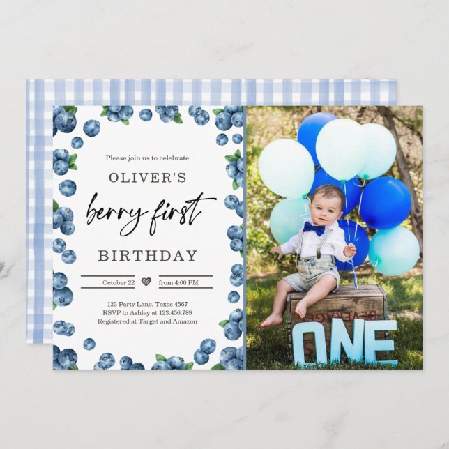 Blueberry Berry Sweet 1rua Primeiro Convite de Ani (Frente/Verso)
