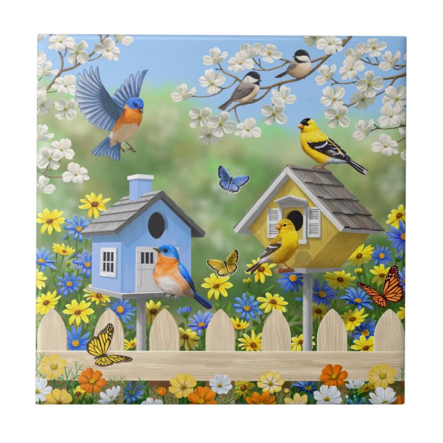 Bluebird Goldfinches Birdhouses Fllower Garden (Frente)