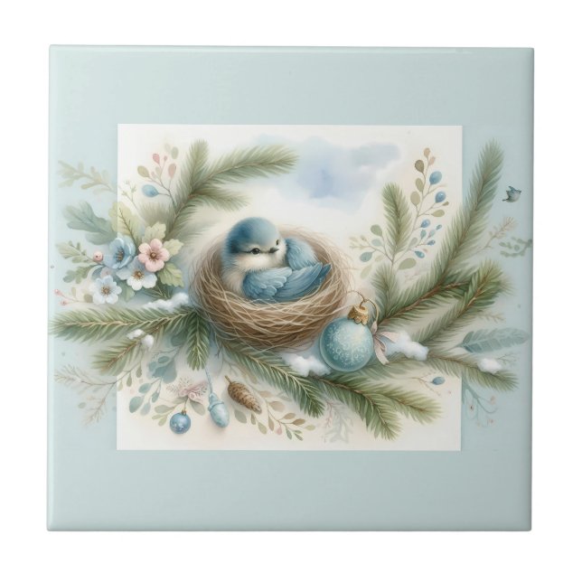 Bluebird Nest with Ornaments in Winter Pines (Frente)