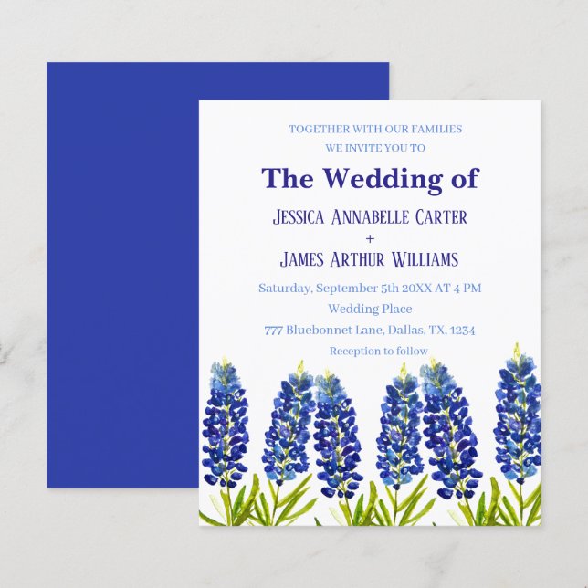 Bluebonnets Texas Aquarela Casamento Floral (Frente/Verso)