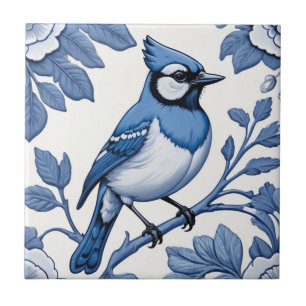 BlueJay Bird Delft Blue & White Asian Floral Jay