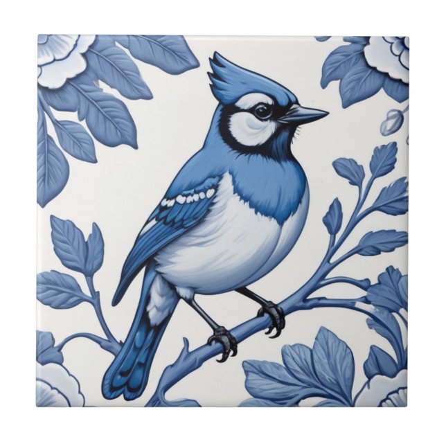 BlueJay Bird Delft Blue & White Asian Floral Jay (Frente)