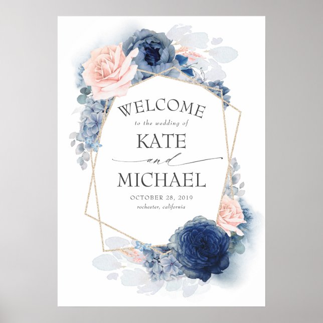 Blush and Dusty Blue Floral Wedding Welcome Poster (Frente)