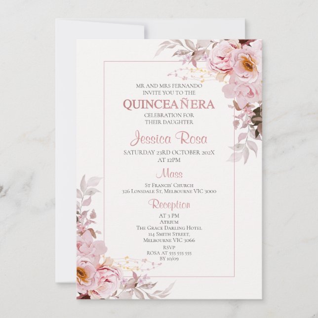 Blush Boho Floral Frame Quinceañera convite (Frente)