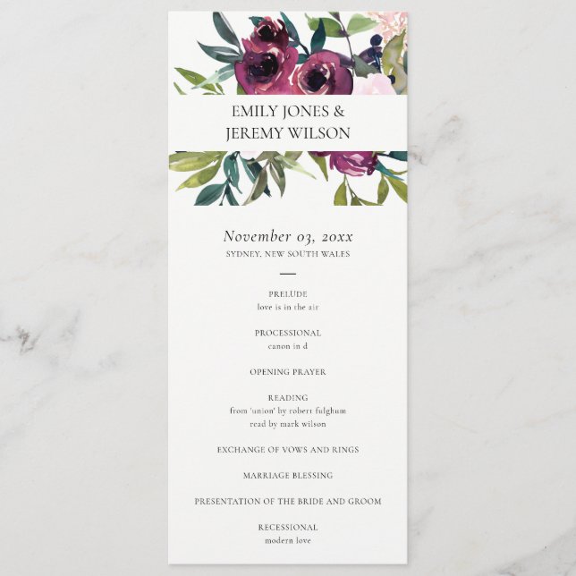 BLUSH BURGUNDY FLORAL WEDDING CEREMONY PROGRAMA (Frente)
