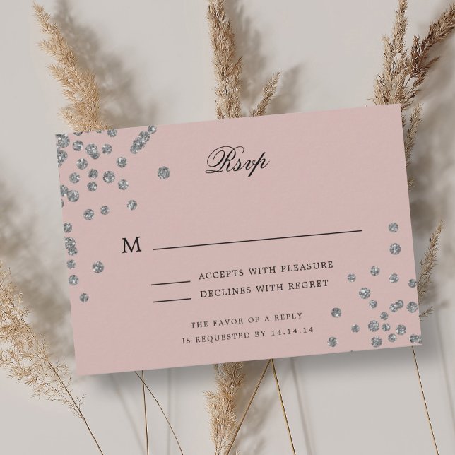 Blush de Confetti de Silver de RSVP de Casamento d (Elegant Script Wedding RSVP Silver Confetti Blush)