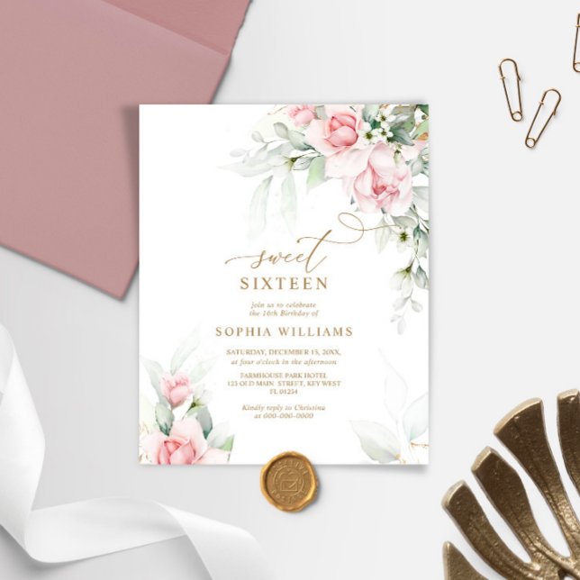 Blush de orçamento e Eucalyptus Sweet 16 Convite (Criador carregado)