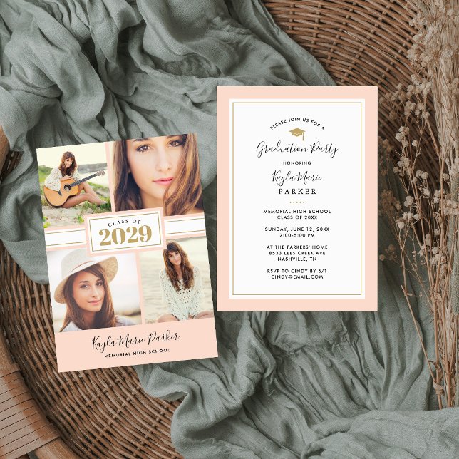 Blush e Dourado | 4 Convite Para Graduação De Foto (Criador carregado)
