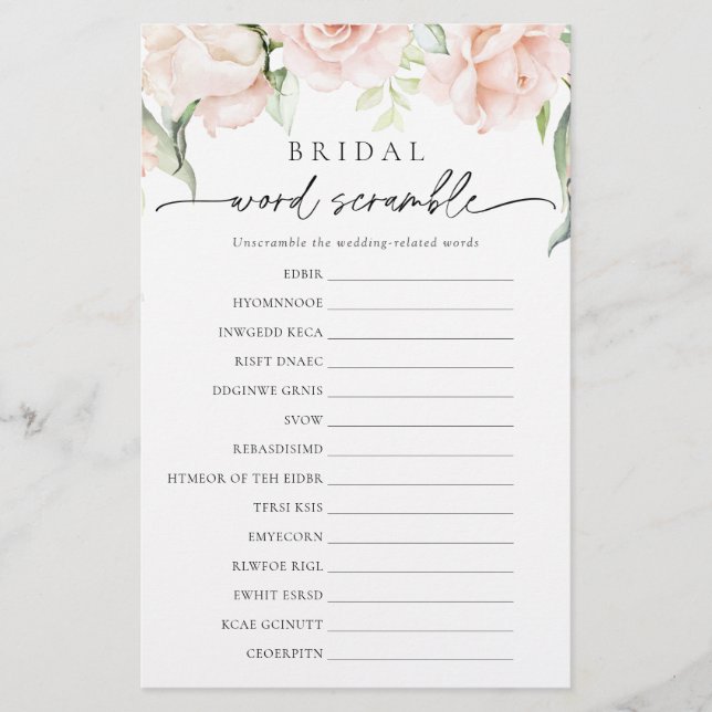 Blush Floral Bridal Word Scramble Chá Game (Frente)
