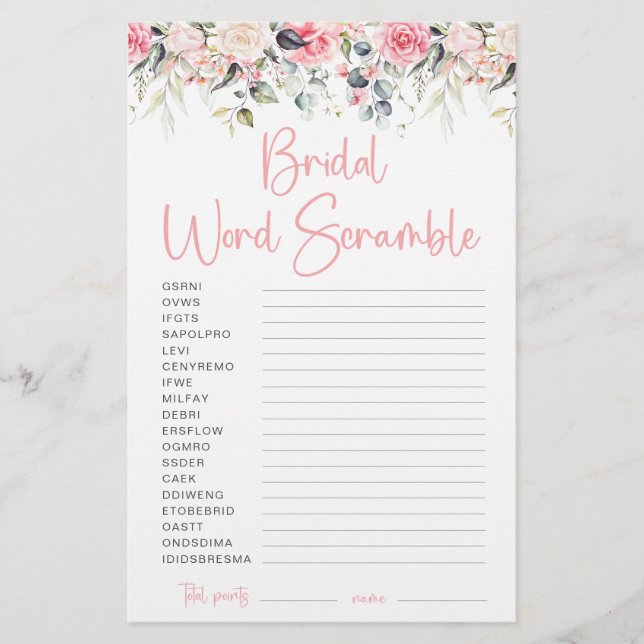 Blush Floral | Cartão de Jogo Bridal Word Scramble (Frente)