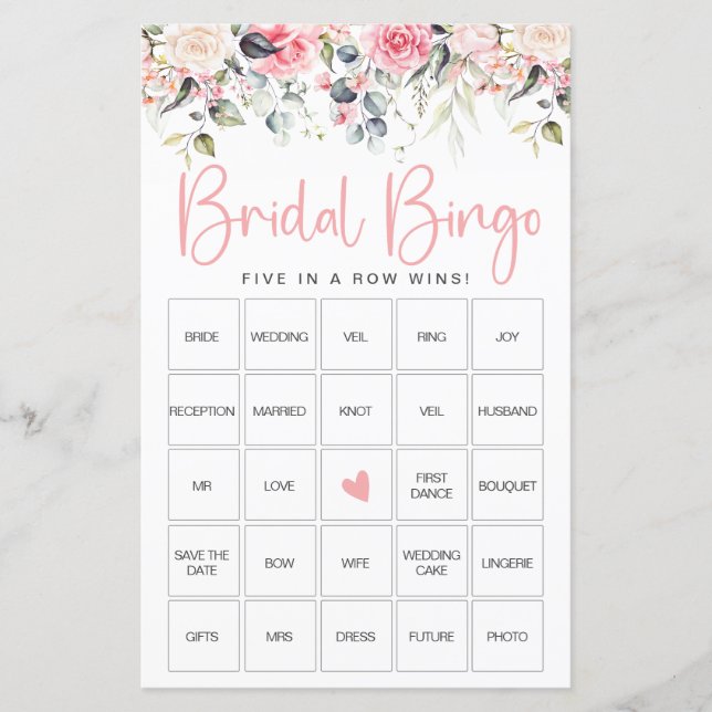 Blush Floral | Cartão de Jogo de Bingo para Chá de (Frente)