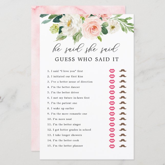 Blush Floral Disse Que Disse Cartões De Jogo (Frente/Verso)