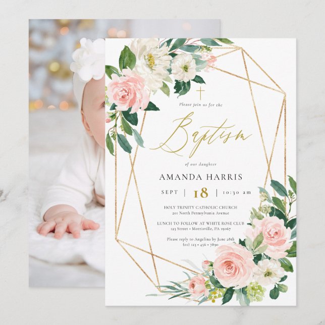 Blush Floral e Dourado Convite para Fotografia do  (Frente/Verso)