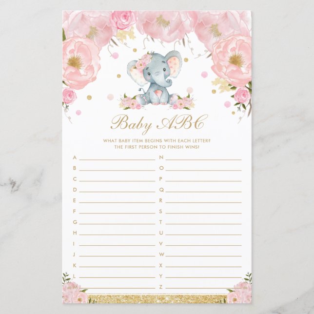 Blush Floral Elephant Baby Chá de fraldas ABC Jogo (Frente)
