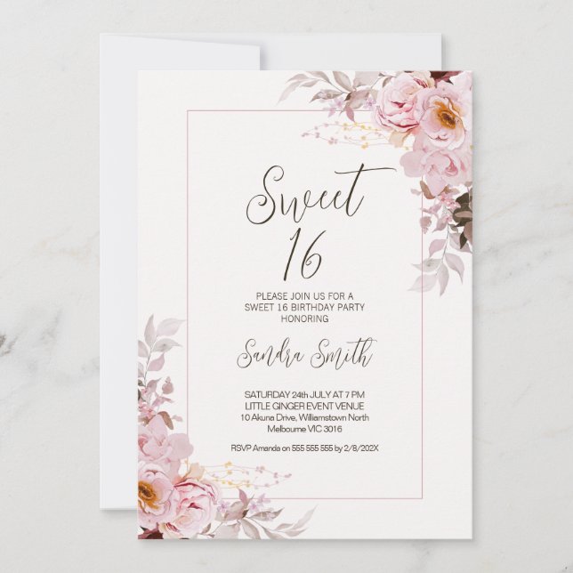 Blush Floral Frame Sweet 16 Aniversário Convite (Frente)