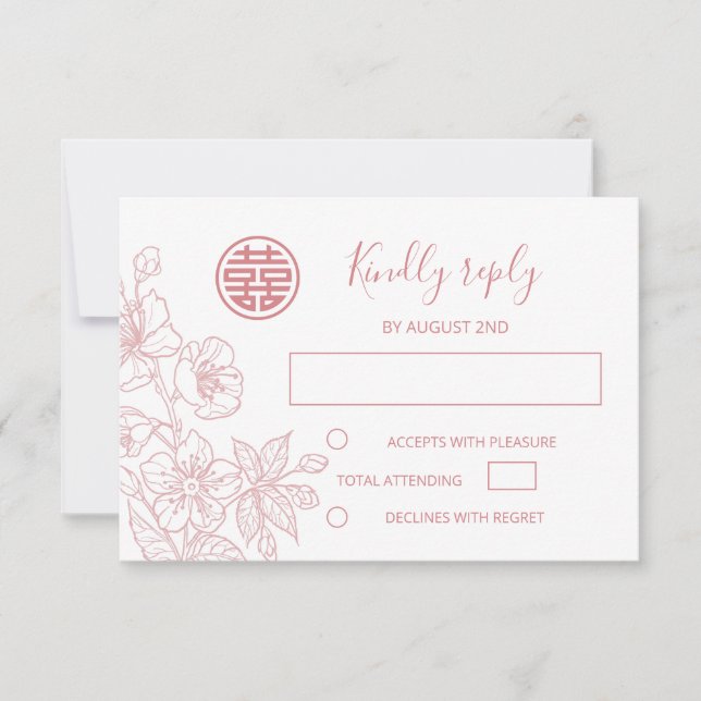 Blush Floral Line Art Chinese Wedding RSVP (Frente)
