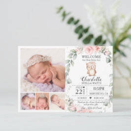 Blush Floral Owl New Baby Photo Birth Anúncio