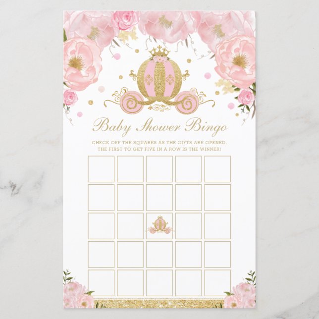 Blush Floral Princess Chá de fraldas Bingo Game (Frente)
