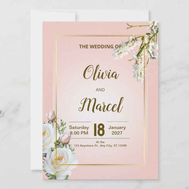 Blush Floral Wedding Invitation with Gold Frame (Frente)