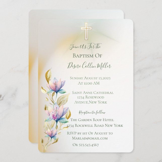 Blush & Lilac Floral, Dourado Convite para Batismo (Frente/Verso)