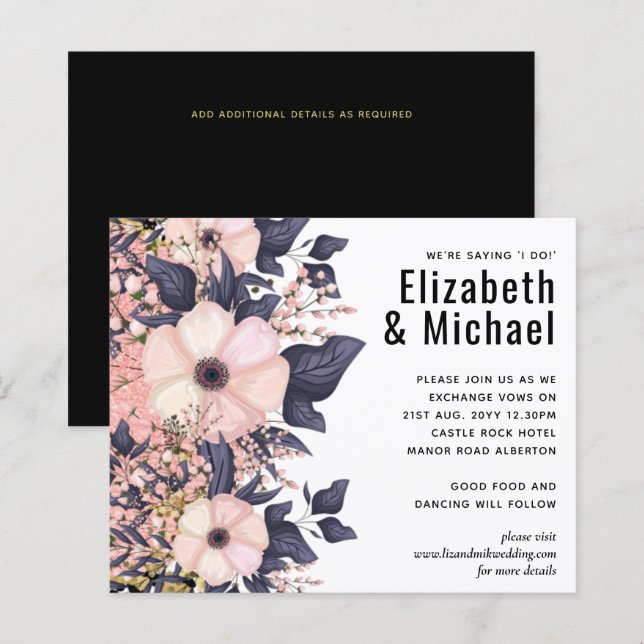 Blush Pink Dusty Azul Casamento Negro Floral Orçam (Frente/Verso)