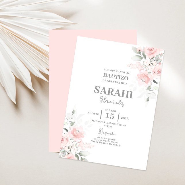 Blush Pink Floral Baptism Menina Espanhola Convite (Criador carregado)